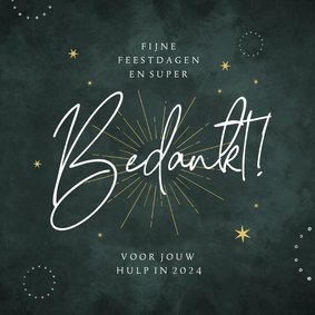 Kerstkaart bedankt groen sterretjes en vuurwerk