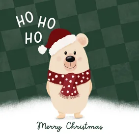 Kerstkaart beer met kerstmuts Ho Ho Ho