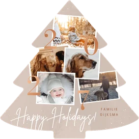Kerstkaart beige fotocollage met jaartal 2027 happy holidays