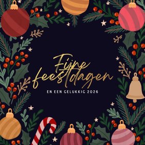 Kerstkaart binnenkant kerstkrans met ornamenten