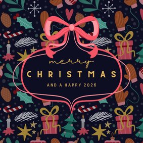 Kerstkaart blauw met patroon en strik