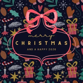 Kerstkaart blauw met patroon en strik