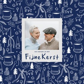 Kerstkaart blauw wit lijntekeningen eigen foto fijne kerst