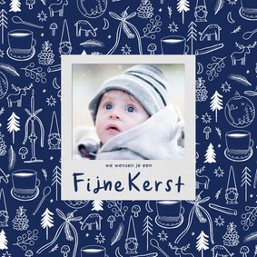 Kerstkaart blauw wit lijntekeningen eigen foto fijne kerst