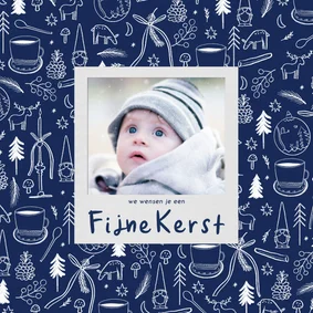 Kerstkaart blauw wit lijntekeningen eigen foto fijne kerst