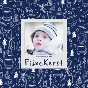 Kerstkaart blauw wit lijntekeningen eigen foto fijne kerst