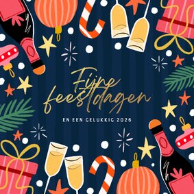 Kerstkaart blauwe streep en roze figuren