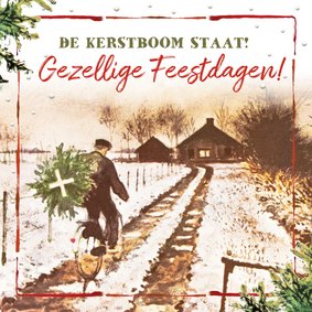 Kerstkaart boer op fiets brengt kerstboom thuis