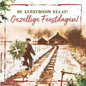 Kerstkaart boer op fiets brengt kerstboom thuis