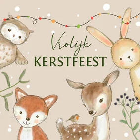 Kerstkaart - Bosdieren met kerstlampjes