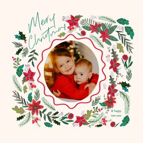 Kerstkaart Botanisch bloemen en schulp rand vierkant