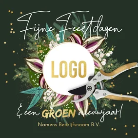 Kerstkaart botanisch bloemen snoeischaar sterretjes in goud