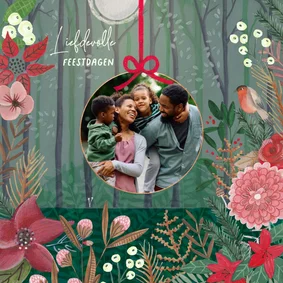 Kerstkaart botanische natuur met foto in kerstbal