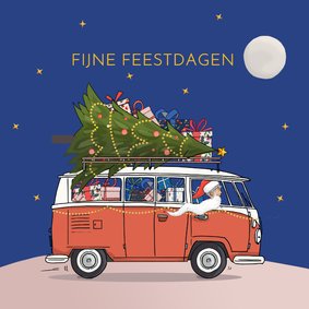 Kerstkaart busje met kerstman en boom