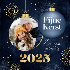 Kerstkaart chique fijne kerst goud kerstbal foto sterren