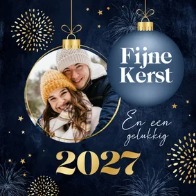 Kerstkaart chique fijne kerst goud kerstbal foto sterren