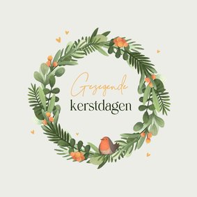 Kerstkaart christelijk kerstkrans roodborstje hartjes 