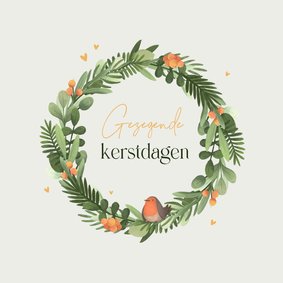 Kerstkaart christelijk kerstkrans roodborstje hartjes 