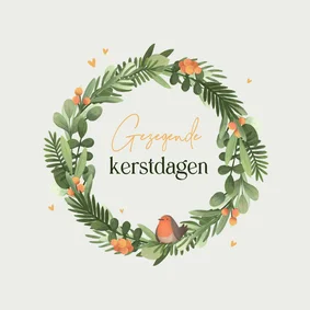 Kerstkaart christelijk kerstkrans roodborstje hartjes