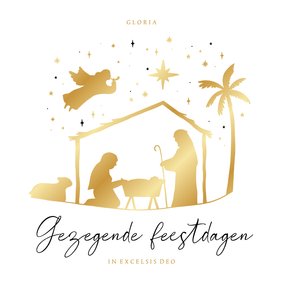 Kerstkaart christelijk kerststal jozef maria engel goud