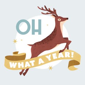 Kerstkaart corona rendier oh dear what a year illustratie