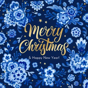 Kerstkaart delfts blauw bloemen sprankelend sterren stijlvol
