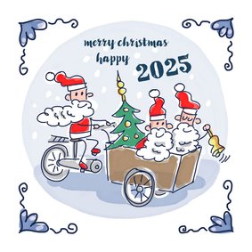 Kerstkaart Delfts blauw tegeltje met kerstmannen op bakfiets