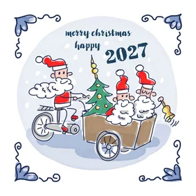 Kerstkaart Delfts blauw tegeltje met kerstmannen op bakfiets