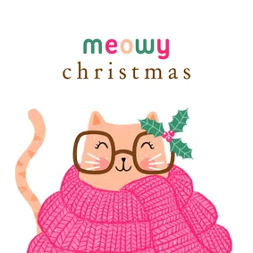 Kerstkaart dikke kat grote gebreide sjaal roze