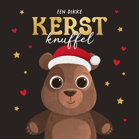 Kerstkaart dikke knuffel beer hartjes sterren kerstkmuts