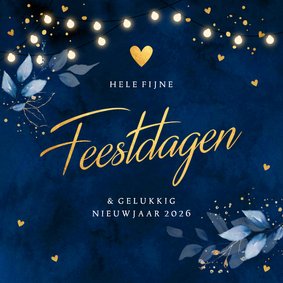 Kerstkaart donkerblauw botanisch bladeren lampjes goudlook