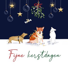 Kerstkaart drie hondjes vieren kerstmis