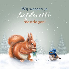 Kerstkaart eekhoorn en roodborst