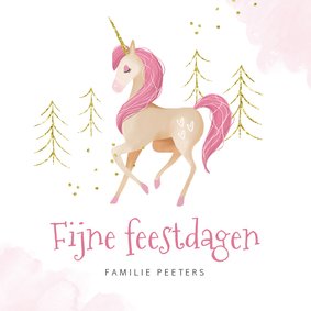 Kerstkaart eenhoorn unicorn waterverf goud roze