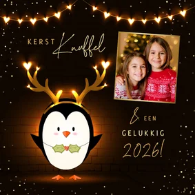 Kerstkaart eigen foto knuffel lichtgevende hartjes pinguïn