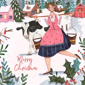 Kerstkaart 'eight maids a milking' illustratie