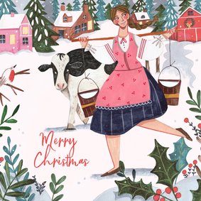 Kerstkaart 'eight maids a milking' illustratie