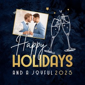 Kerstkaart engels happy holidays champagne sterren foto