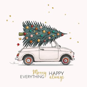 Kerstkaart Fiat 500 wit met kerstboom