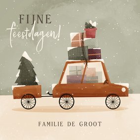 Kerstkaart fijne feestdagen auto met dozen en kerstboom