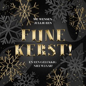 Kerstkaart Fijne Kerst gouden sneeuwvlokken en jaartal 2025