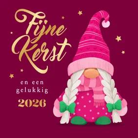 Kerstkaart fijne kerst vrouwelijke kabouter goud 2026