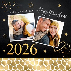 Kerstkaart foto panterprint sterren confetti goudlook 2026