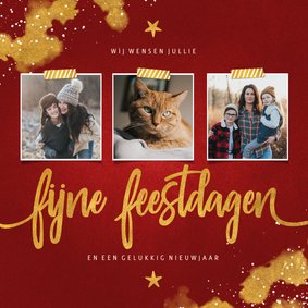 Kerstkaart fotocollage Fijne Feestdagen rood met goud