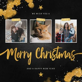 Kerstkaart fotocollage Merry Christmas krijtbord met goud