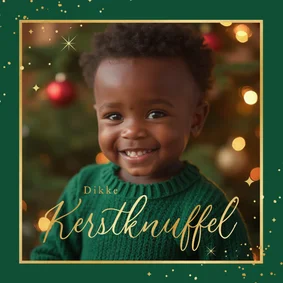 Kerstkaart fotokaart dikke kerstknuffel goud sterren