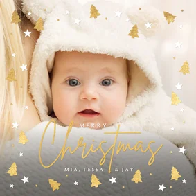 Kerstkaart fotokaart met eigen foto en gouden kerstboompjes