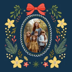 Kerstkaart fotokaart strik vintage bloemen donkerblauw geel