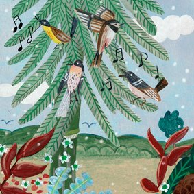 Kerstkaart 'four calling birds' illustratie