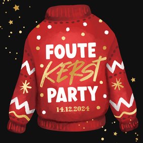 Kerstkaart foute kerst party uitnodiging kersttrui goud